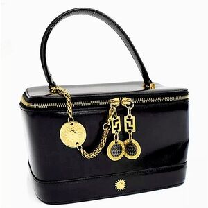 Authentic VERSACE Sunburst Vanity Top Handle Cosmetic Bag Black Patent Leather
